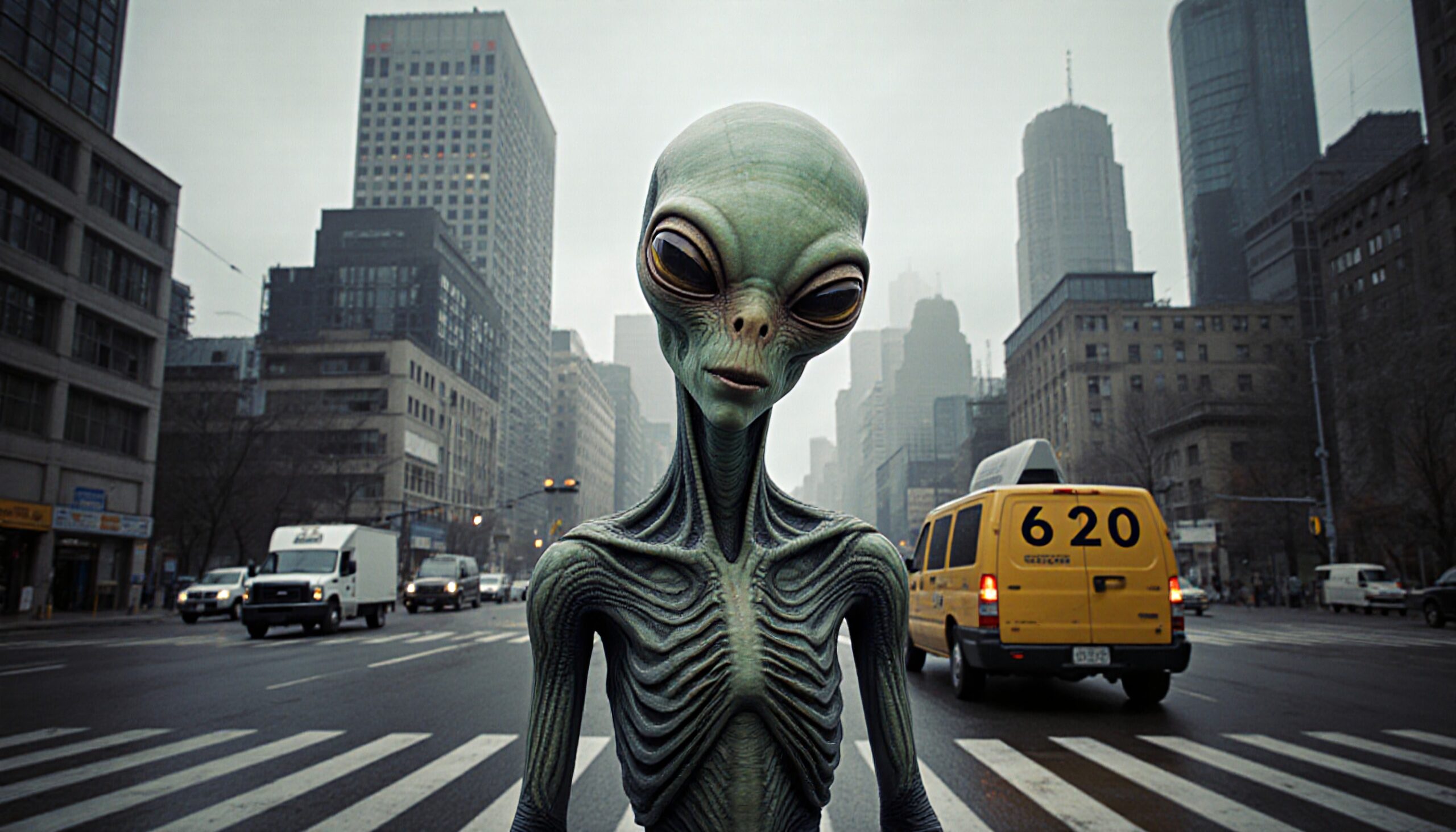 Alien Wanders Busy City Street