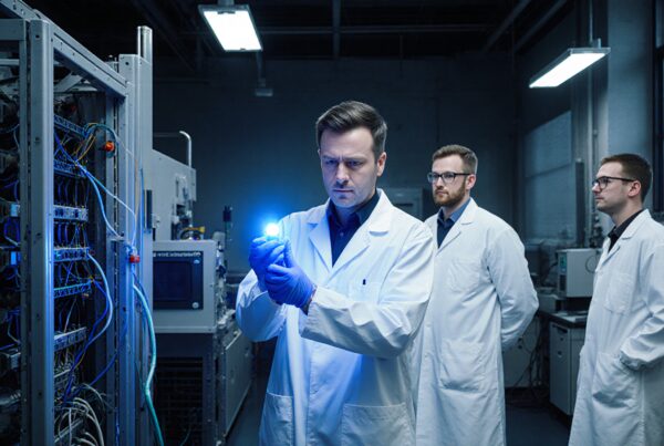 Scientists in lab analyzing glowing object.
