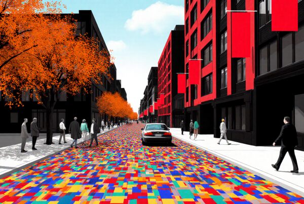A vibrant city street scene with modern architecture, colorful mosaic street, orange autumn trees, and pedestrians.