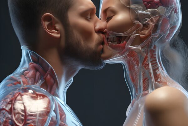 A man and woman kiss with transparent, anatomical details visible.
