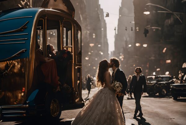 Romantic city street wedding scene with couple.