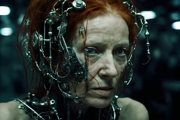 Futuristic human-machine hybrid with wires.