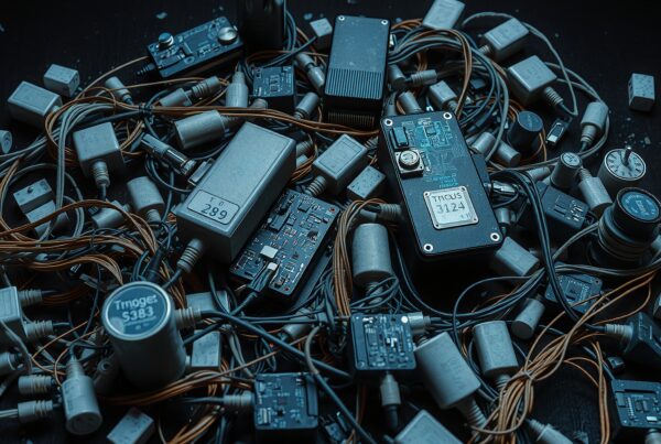 Image showing tangled electronic cables, adapters, circuit boards with microchips on a dark surface, emphasizing technological complexity.