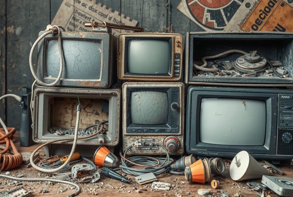 An arrangement of vintage televisions and electronics showcasing nostalgic retro technology in a rustic setting.
