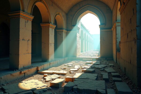 A sunlit ancient corridor with stone arches and a dusty path.
