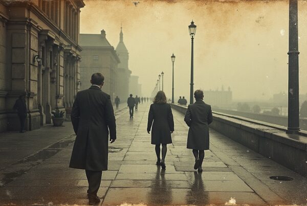 A vintage scene of people walking on a misty street with antique buildings and street lamps.
