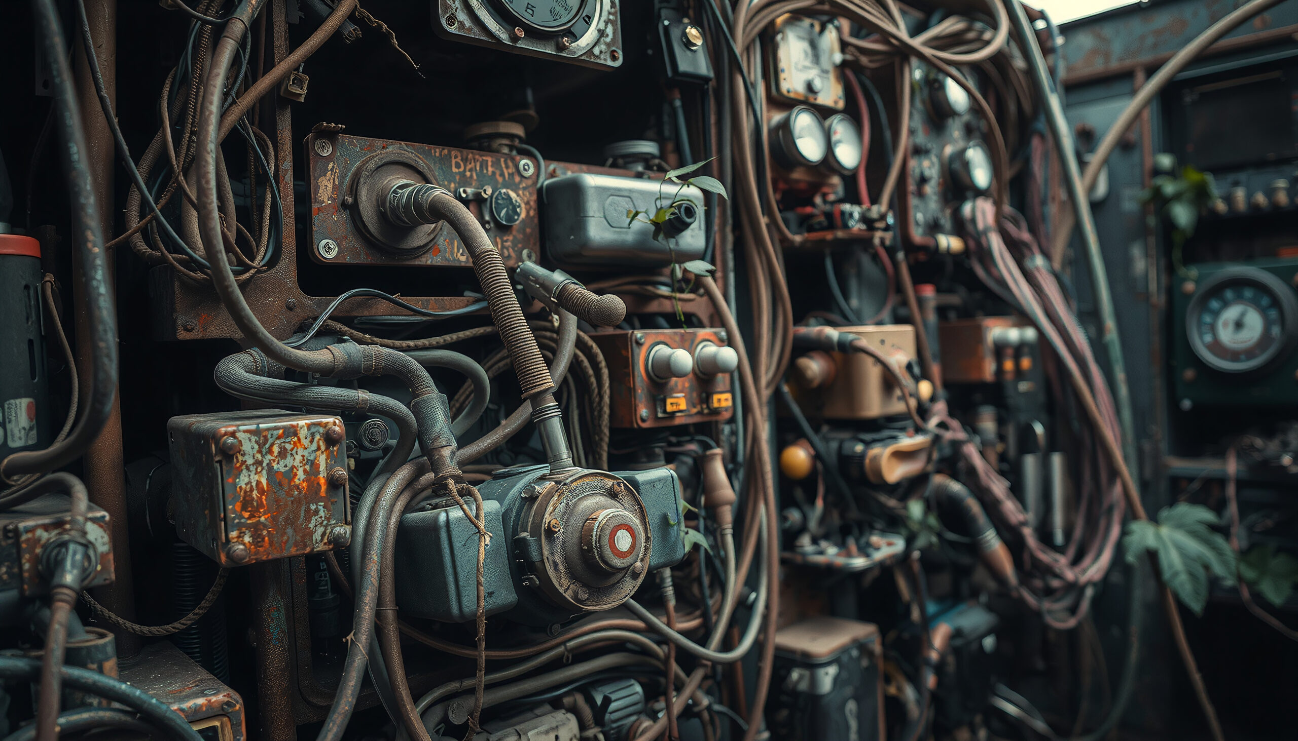 Rusted Control Panel with Overgrown Wires