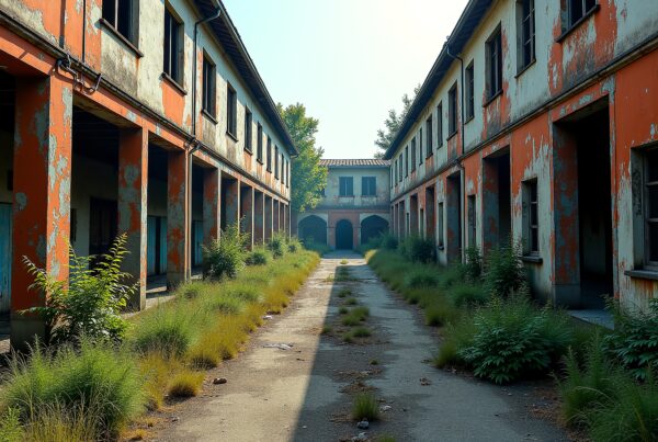 Abandoned buildings with peeling paint and overgrown vegetation lining a narrow pathway under sunlight.