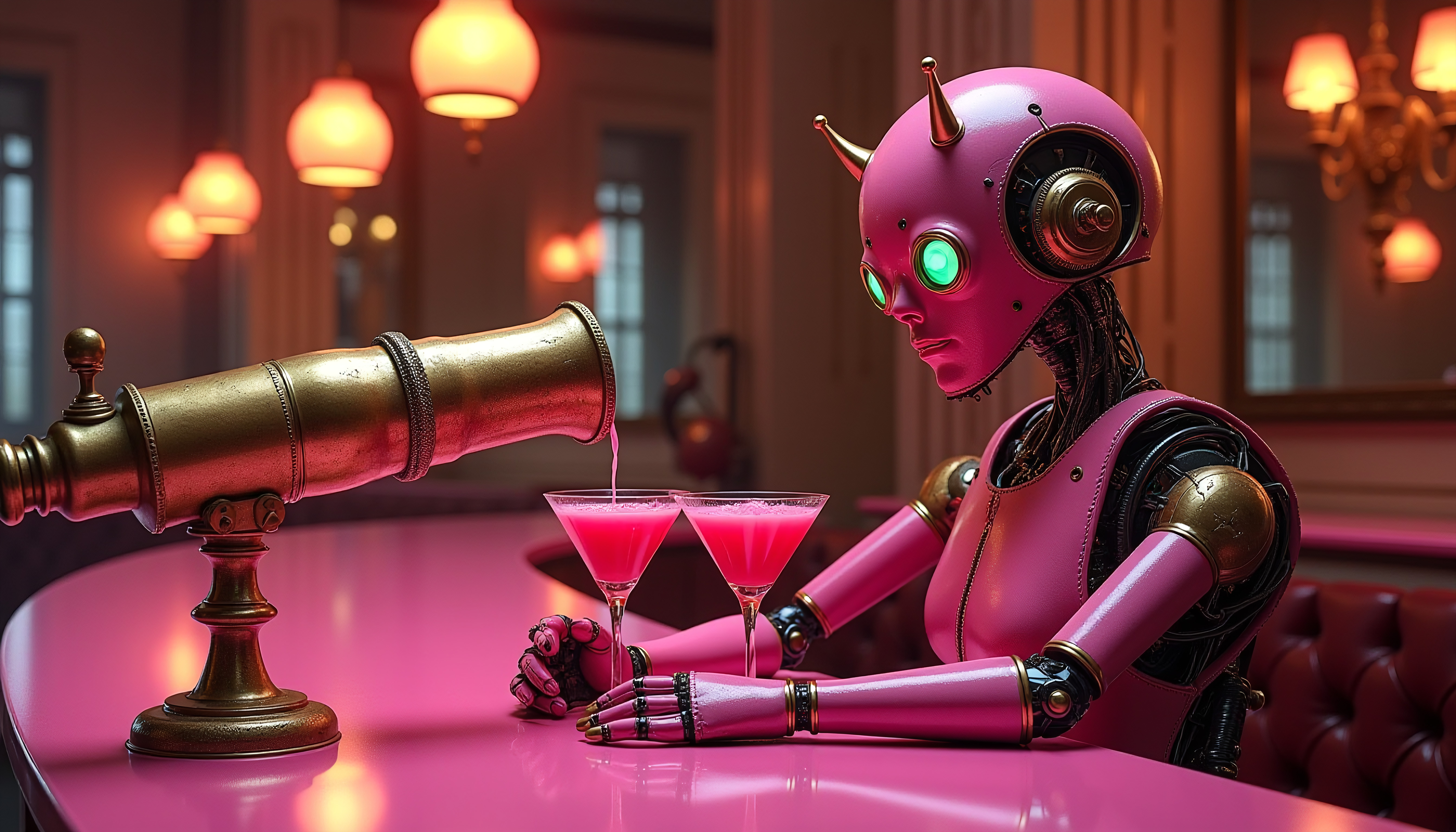 Pink Robot Pouring Cocktails in Vintage Lounge