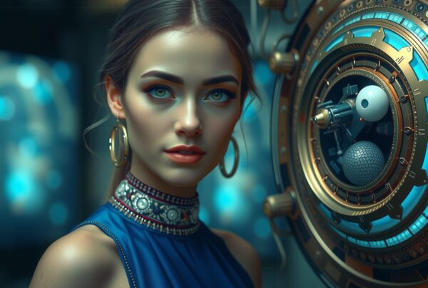 Portrait of a woman beside a futuristic machine.