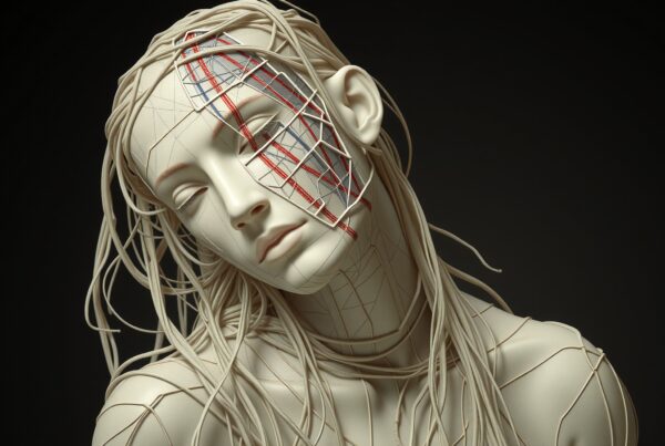 A sculpture blending human form and technology with intricate cables and geometric patterns.