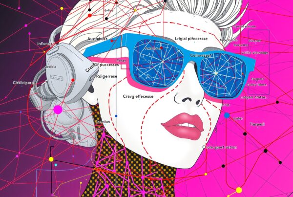 A vibrant pop art illustration featuring a stylish woman with futuristic sunglasses and headphones surrounded by a network of colorful lines and dots on a hot pink background.