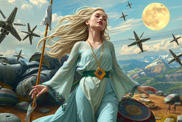 A woman in a flowing blue dress stands among futuristic debris with flying aircraft and a mountainous backdrop.