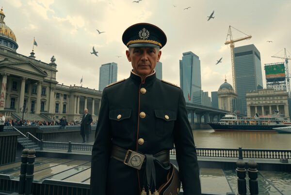 Officer in military uniform overlooking cityscape, blending classical and modern architecture.