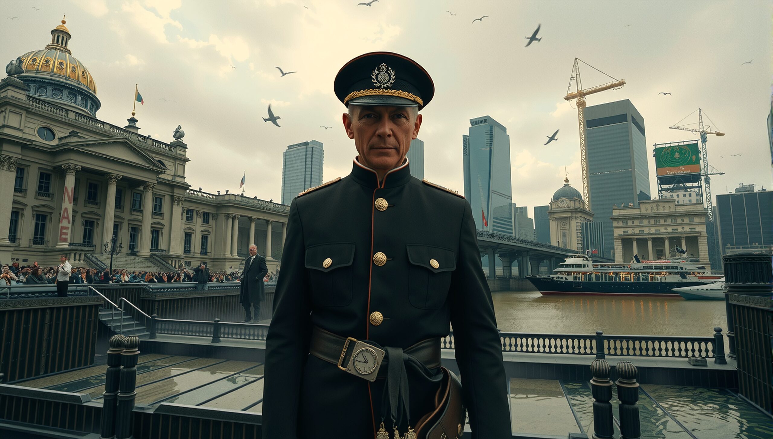 Officer Overlooking Modern Cityscape