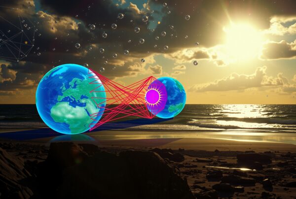 Surreal image of two Earth-like planets connected by red lines above a beach with a dramatic sky and floating bubbles.