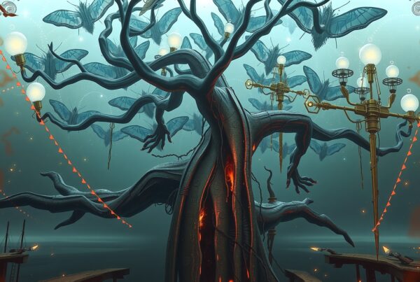 A mysterious tree illuminated by ethereal moths under glowing orbs.