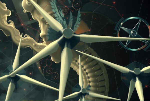 Surreal artwork blending wind turbines with classical elements.