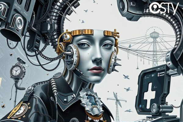 A detailed illustration of a futuristic female cyborg equipped with advanced machinery, set against a technological landscape.