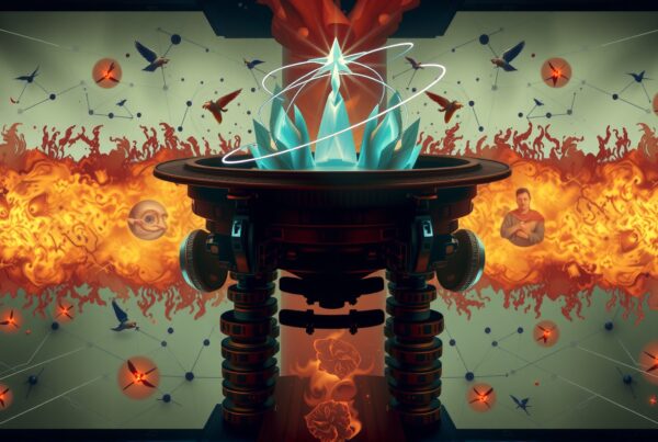 A surreal blend of cosmic and mechanical elements with fiery eruptions and crystal energy.