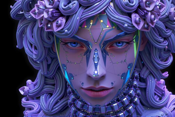 A stylized, cybernetic portrait with purple curls and floral adornments.