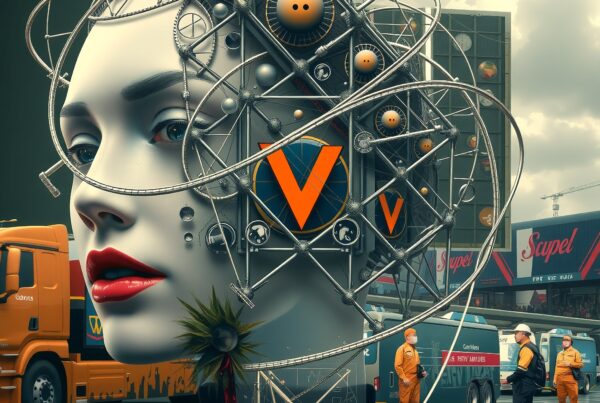 A surreal blend of futuristic urban life and mechanical head design.