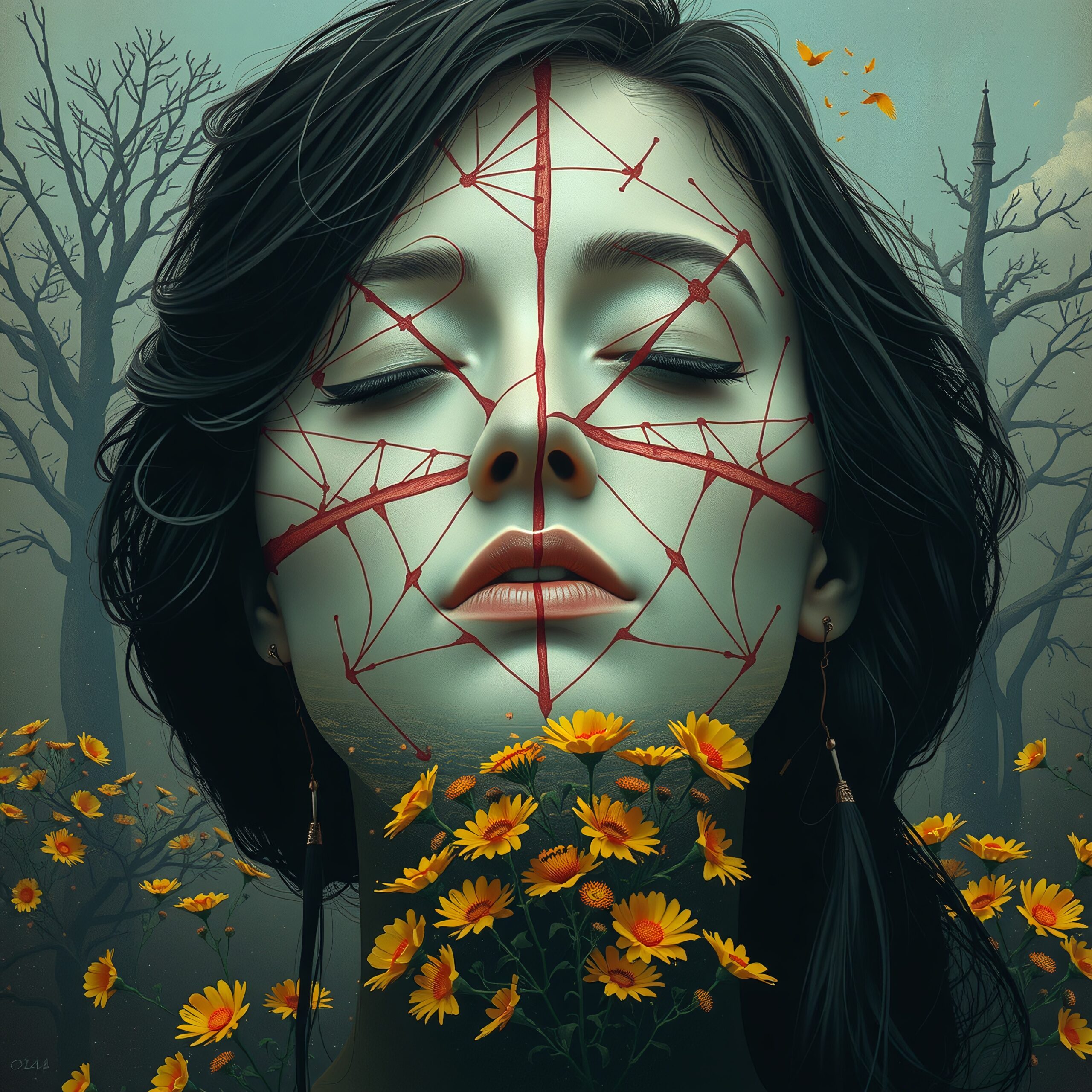 Surreal portrait with geometric patterns