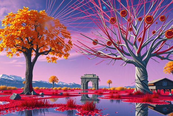 Surreal landscape with colorful trees, archway, reflective pool, and mountains.