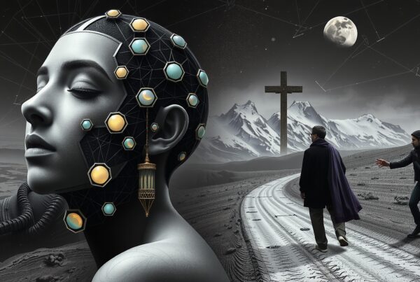 Surreal futuristic landscape with two figures walking a winding road under a full moon.