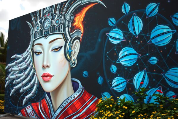 Futuristic mural depicting a serene figure with a mechanical headdress and cosmic background.