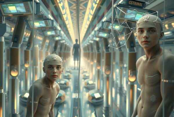 Futuristic individuals in a high-tech corridor.