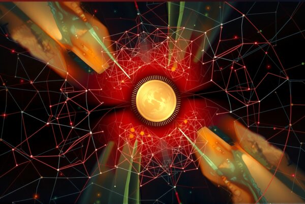 Abstract digital artwork featuring a central golden sphere with intricate red network lines, evoking connectivity and technology concepts.