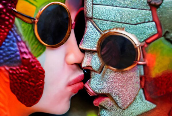 A colorful, artistic encounter between a futuristic metallic figure and a vibrant human with mirrored sunglasses.