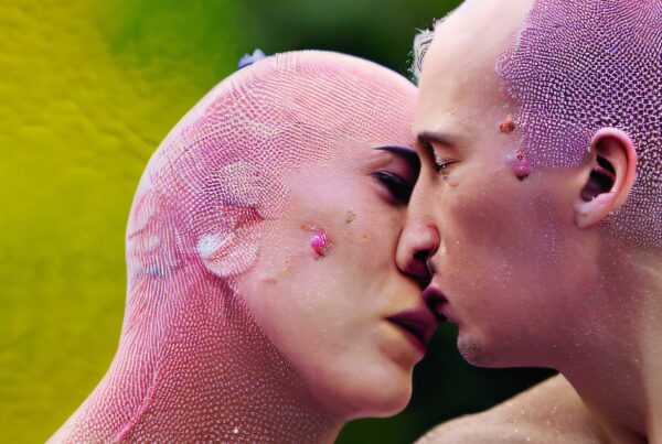 Fantasy-inspired surreal artwork depicting two humanoid figures with textured, reptilian-like skin in an intimate embrace, set against a vibrant green and yellow background.