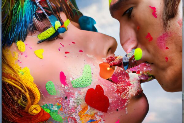 A surreal image of two individuals kissing amidst vibrant, abstract paint patterns, set against a cloudy sky, celebrating artistic expression and love.