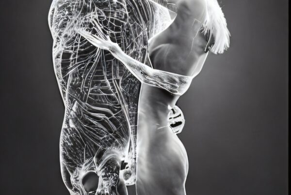 Anatomical embracing figures in transparent art.