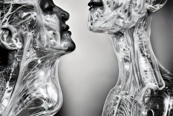 Abstract human figures intertwined in translucent material with intricate textures.