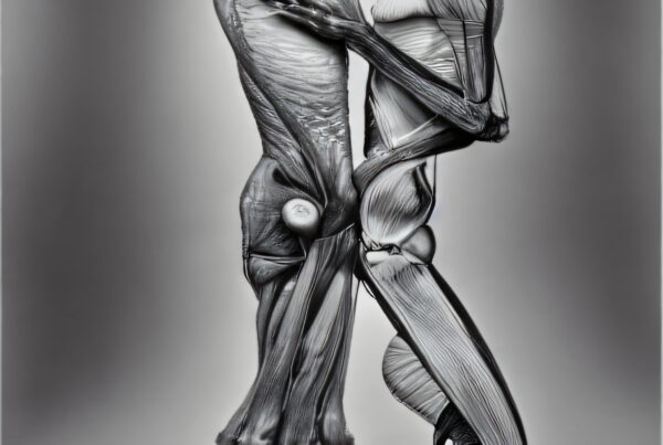 Anatomical models embracing, showcasing detailed muscle structure.