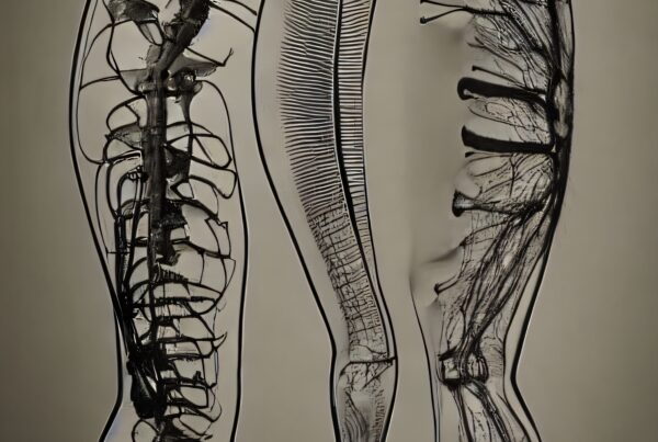 An artistic anatomical representation of the human spine and nervous system with detailed, abstract patterns.