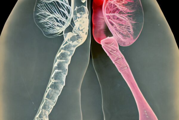 Artistic rendition of lungs and spine showcasing contrasting colors and detailed anatomy.