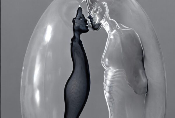 Abstract glass figures embracing in an intimate artistic composition.