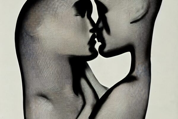 Abstract figures embraced, showcasing intricate line patterns and artistic stylization.