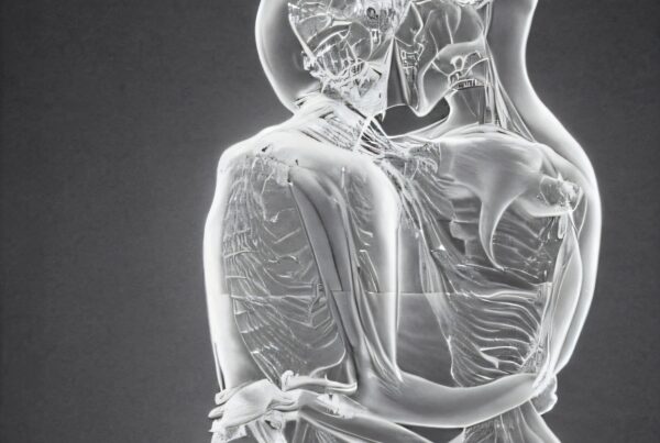 Two transparent skeletal figures embrace.