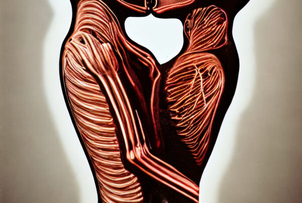 Artistic representation of entwined figures showing anatomical details in an intimate embrace.