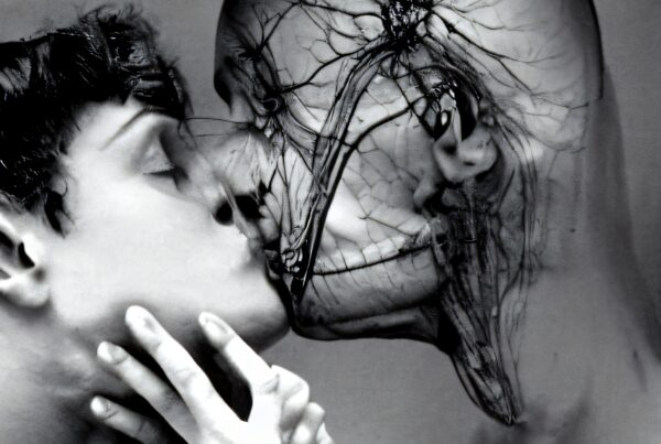 Black and white image of a surreal kiss balancing art, emotion, and anatomical exploration.