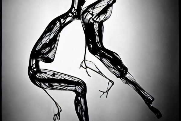 Abstract black and white art with two distorted human figures, elongated limbs, and a dynamic sense of movement.