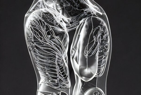 Translucent sculpture of two embracing human figures displaying anatomical details.