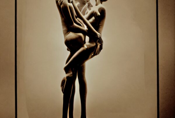 A sculptural embrace of a floating couple, capturing intimacy and warmth against a soft background, evoking artistic elegance.