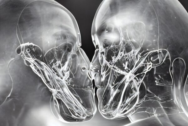 X-ray art of two intertwined translucent figures.