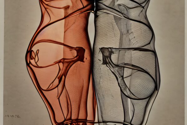 Abstract X-ray image of two intertwined figures.